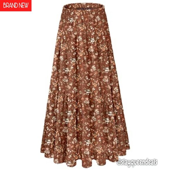 Chiffon Maxi Skirt Elastic Waist Flowy A-Line Pleated Long Boho Fall - Picture 2 of 8